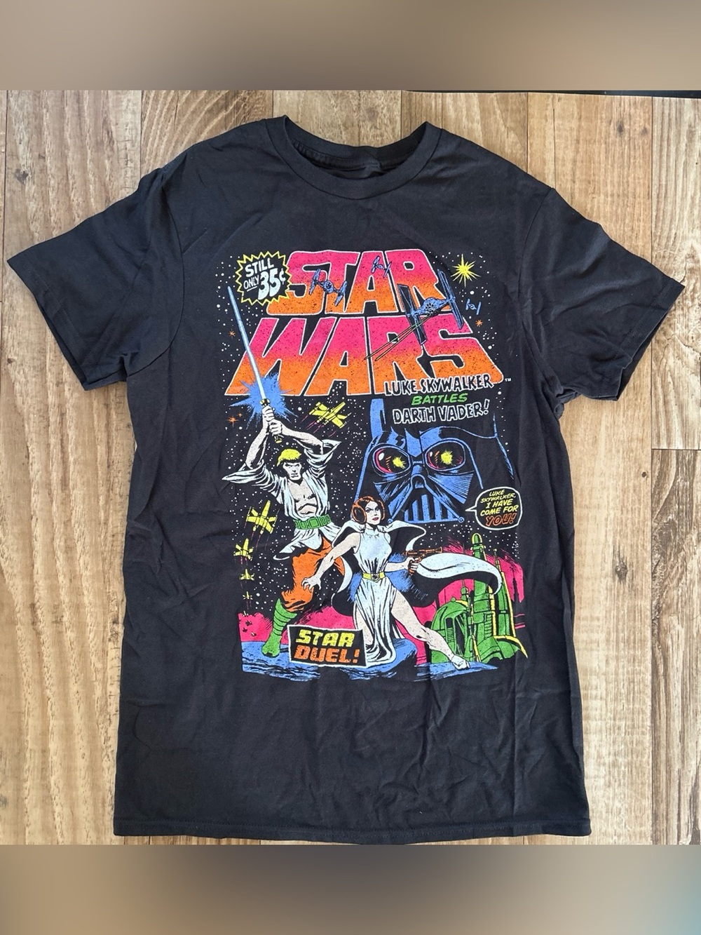 Star Wars Black Graphic Tee with Retro Multi-Color Comic Print size S womens